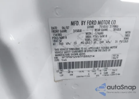 2007 Ford F-150 Lariat/Xlt z USA, uszkodzony, nr VIN 1FTPW12V97FB55214